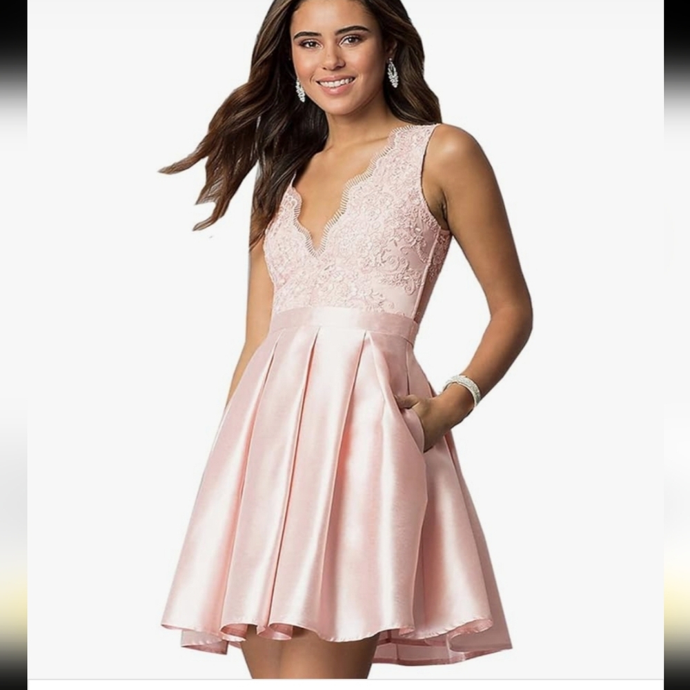 Lace Bodice V-Neck Pink Mini Dress with Pleated Satin Skirt